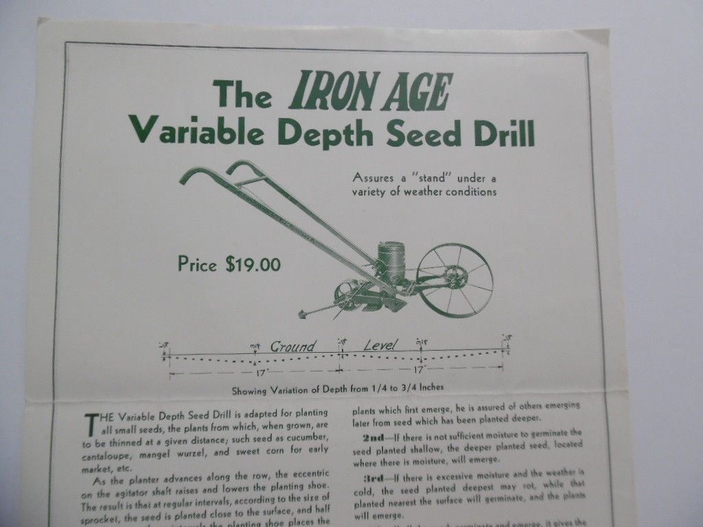 c.1940 Iron Age Variable Depth Seed Drill Catalog Sheet Ellis Keystone Vintage