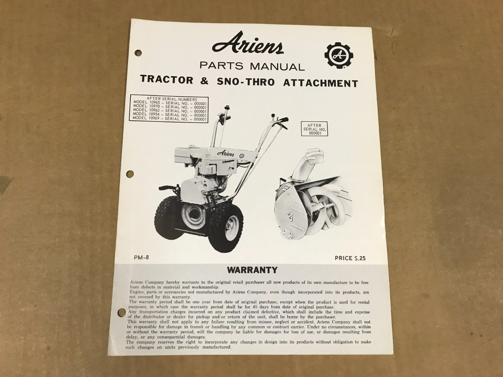 Vintage Ariens Parts Manual – Tractor & Sno-Thro Attachment