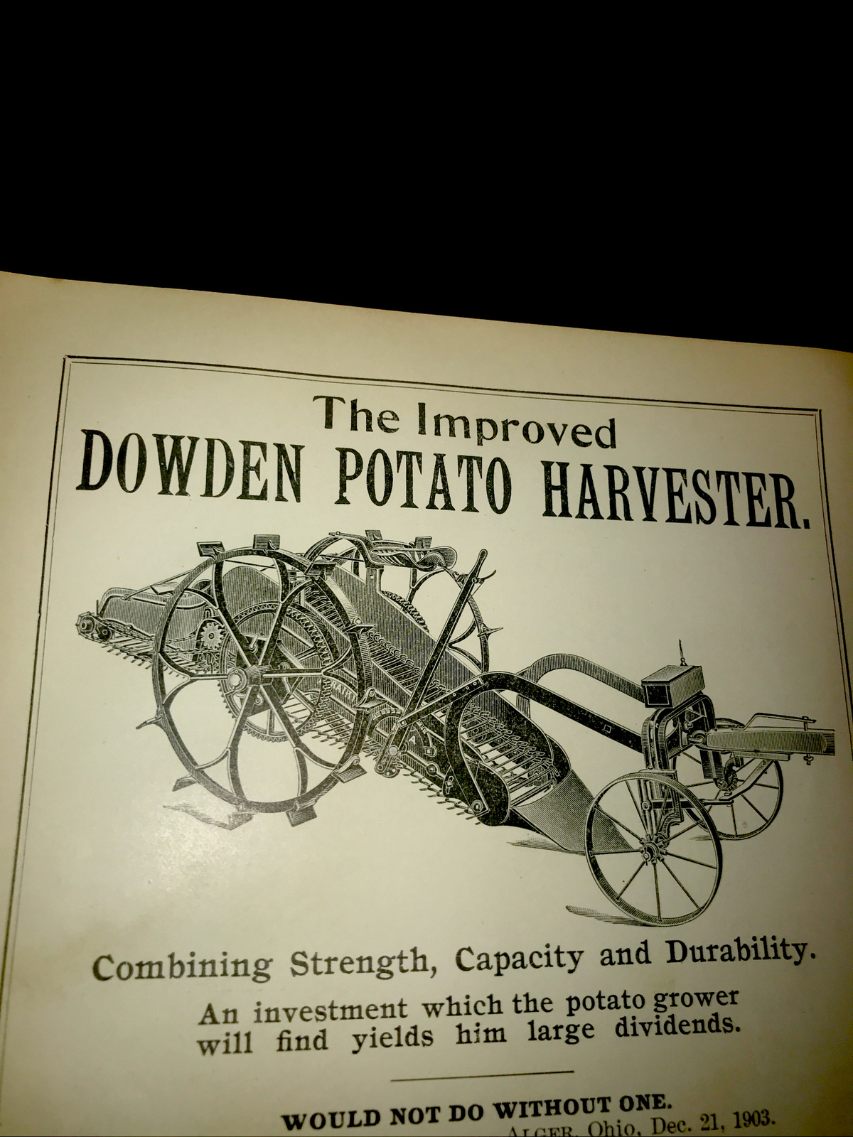 1905 Dowden Potato Harvester Farm Advertising – Prairie City – Iowa – Omaha