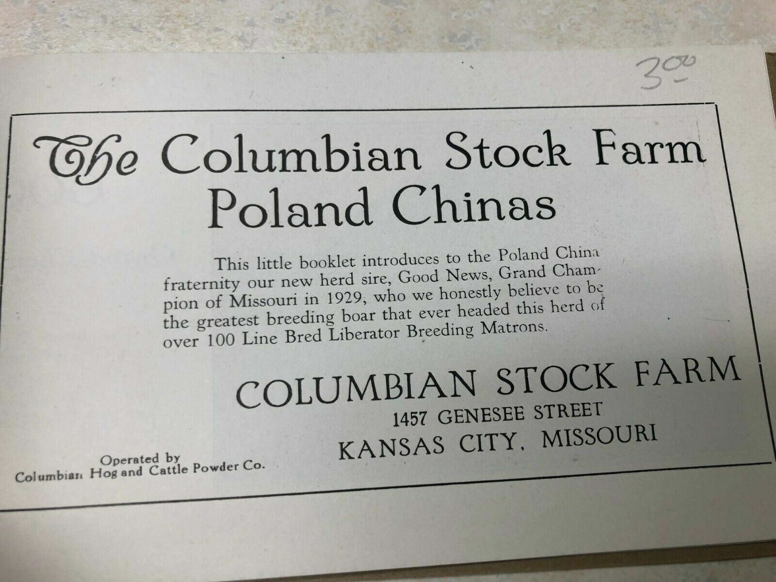 1929 Columbian Stock Farm Poland China Hog Brochure Kansas City, Missouri