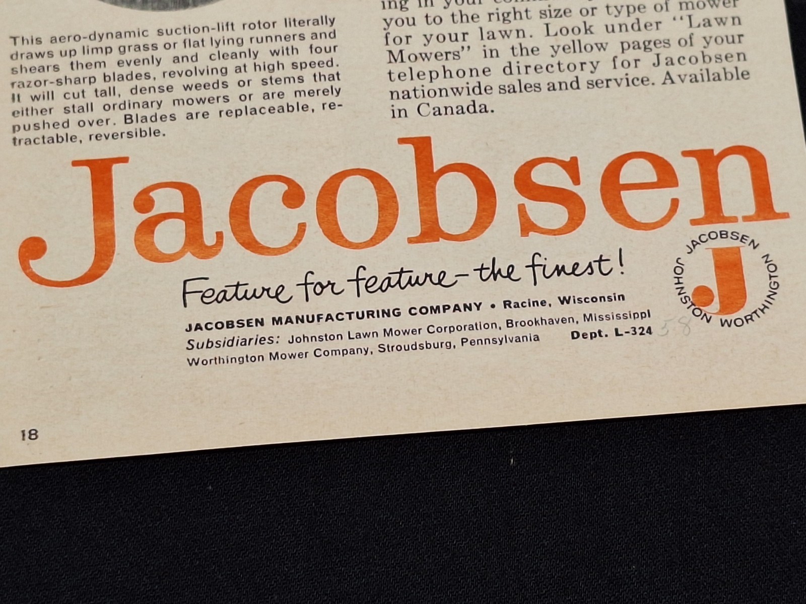 1958 JACOBSEN LAWN MOWER Original Print Ad Magazine