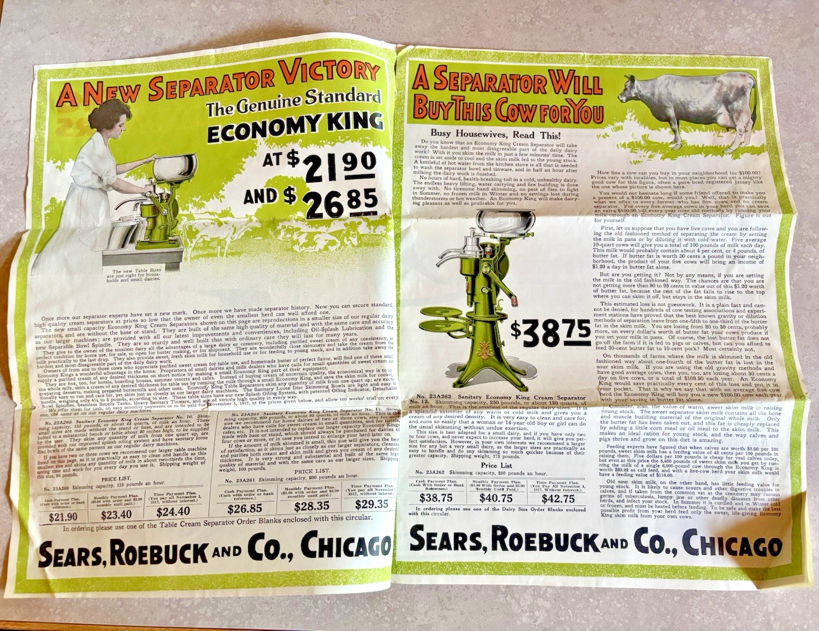 1917 Ad Brochure Sears Roebuck & Co. Economy King Cream Separators