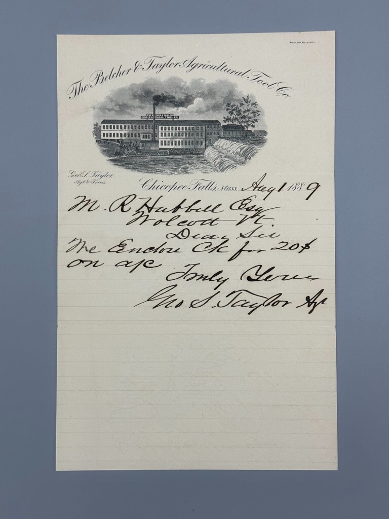 1889 BELCHER & TAYLOR Agricultural Tool FARM Stamp Letterhead CHICOPEE FALLS MA