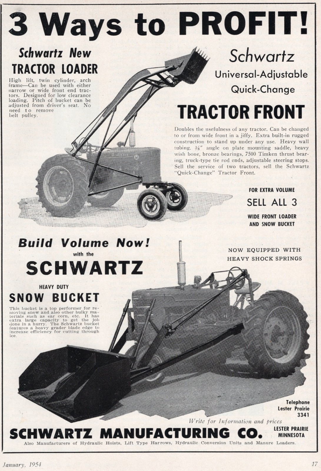 1954 Dealer Print Ad of Schwartz Farm Tractor Loader & Snow Bucket