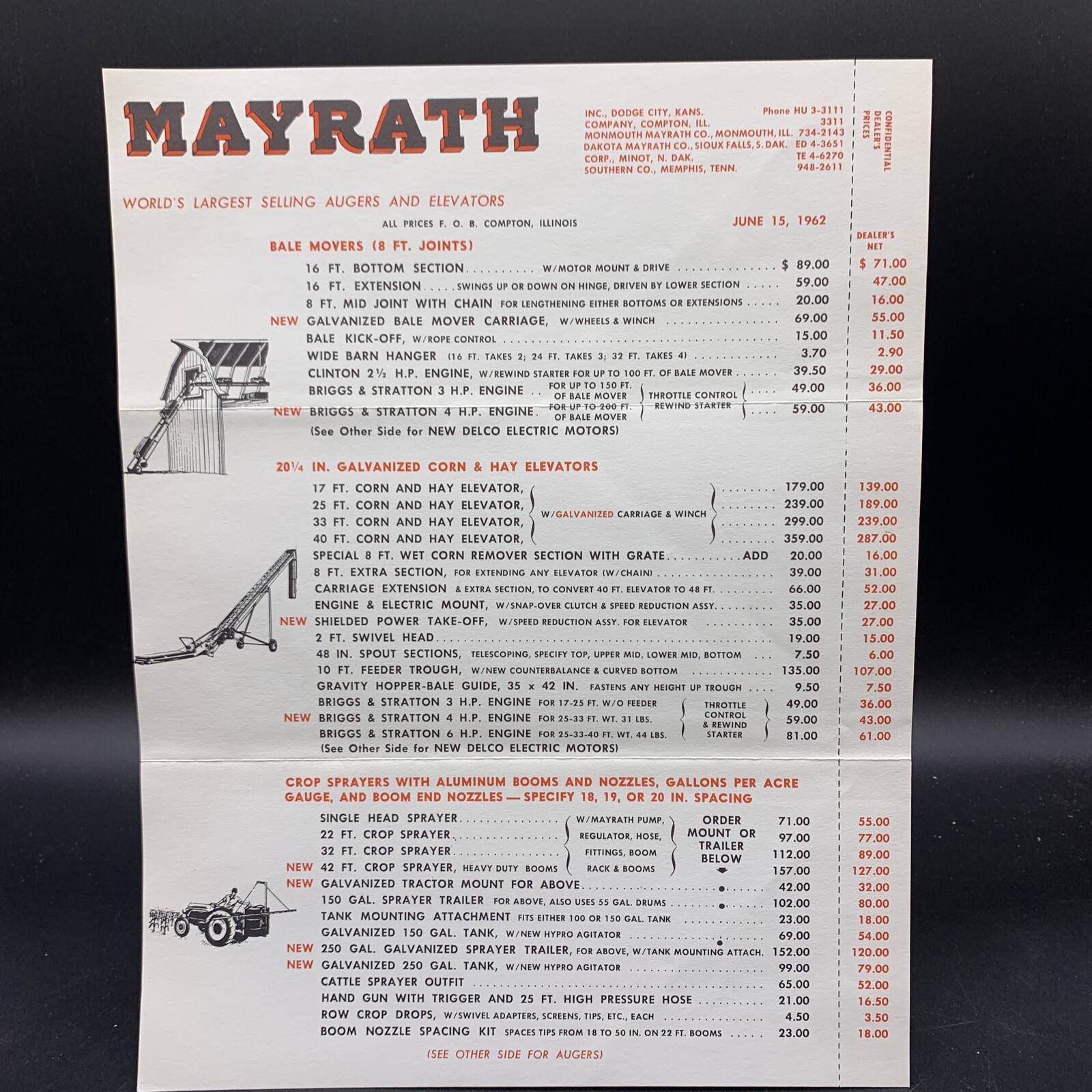 1962 Mayrath Bale Movers-Augers-Elevators Sales Brochure/Price List/Envelope