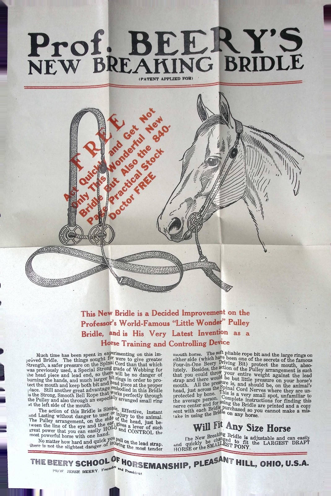 Antique Prof. Beery’s New Breaking Bridle Flyer c.1910s Horse Training Ephemera
