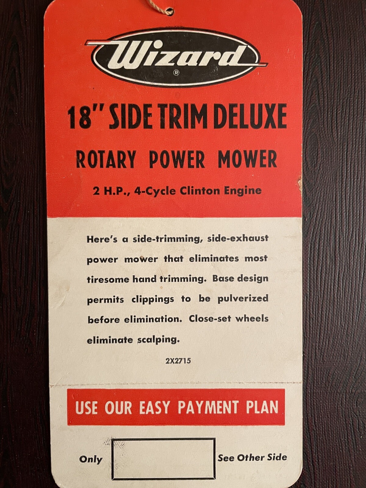 VINTAGE 1950’ S WESTERN AUTO &lsquo;WIZARD&rsquo; LAWN MOWER SALES HANG TAG , Automotive