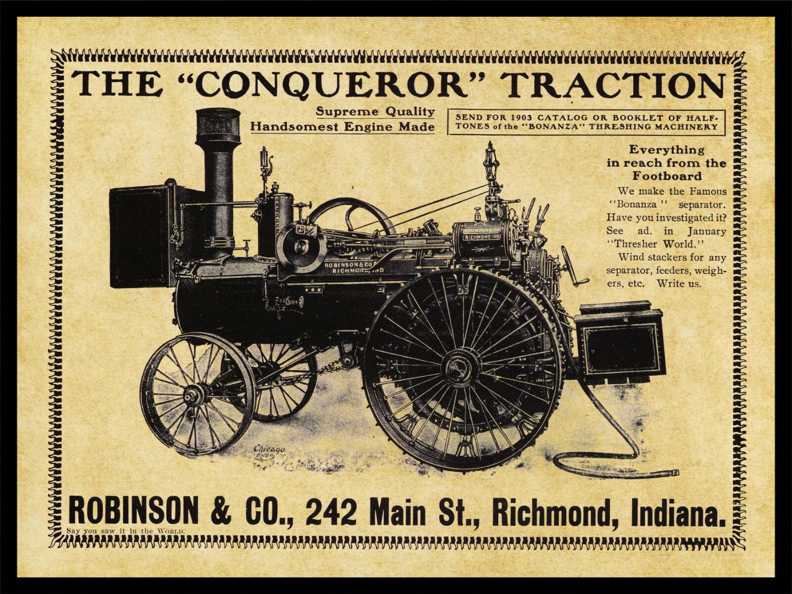 1903 Robinson Conqueror Traction Engine NEW Metal Sign: Richmond, Indiana