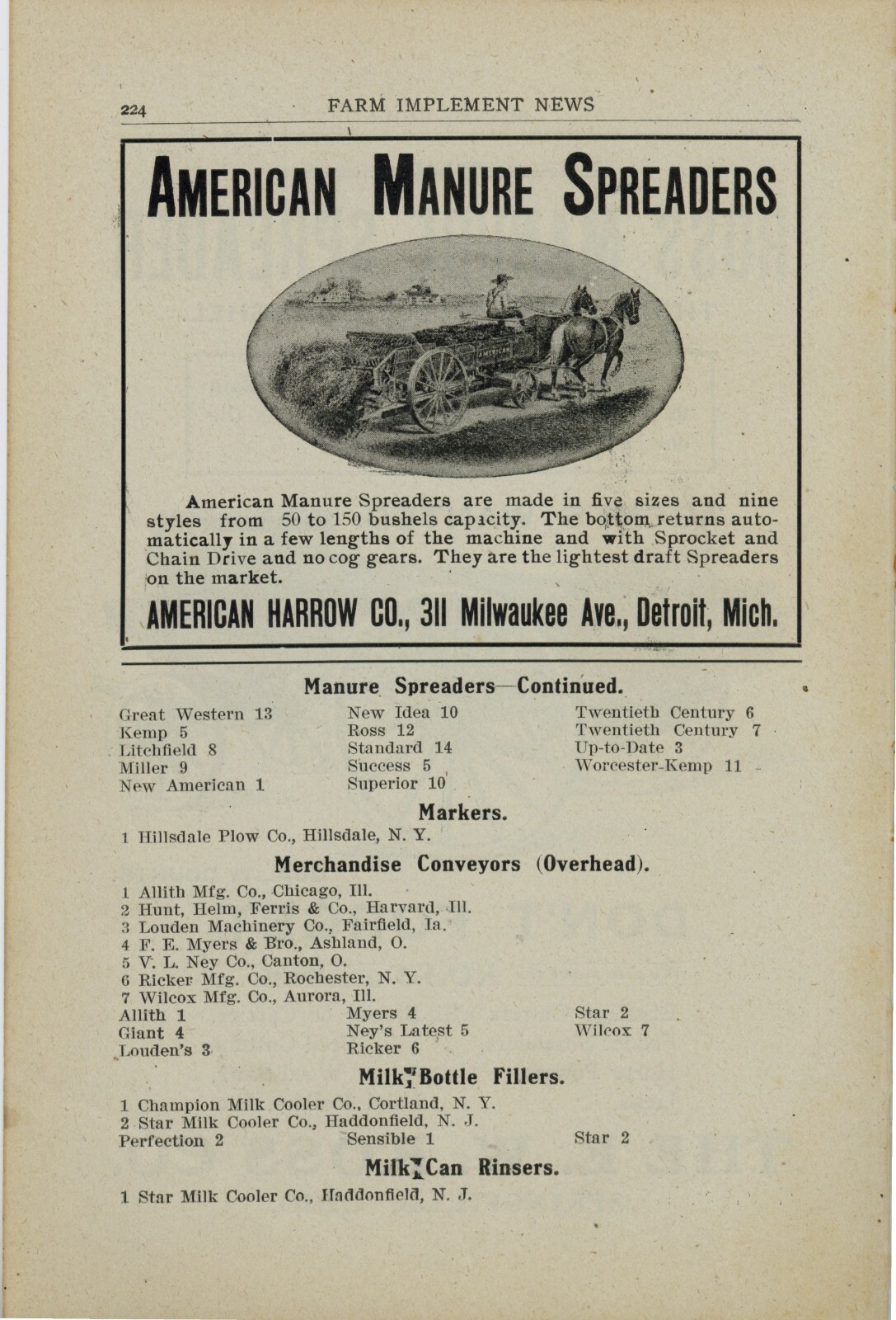 1905 E.W. Ross Co. Manure Spreader, Springfield, OhiO Ad: REV is American Harrow