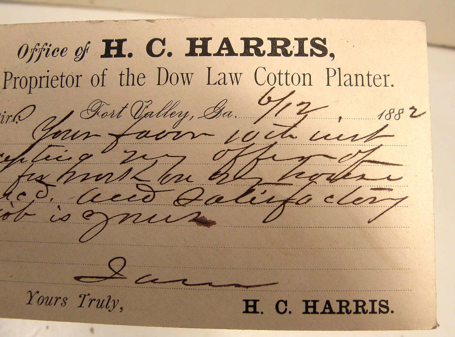 ANTIQUE 1882 POSTCARD H C HARRIS DOW LAW COTTON SEED PLANTER FORT VALLEY GA