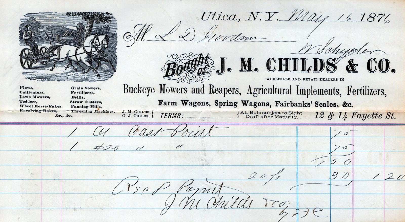 JM Childs Buckeye Mowers Reaper Agricultural Delivery Paper Receipt 1876 A1ss
