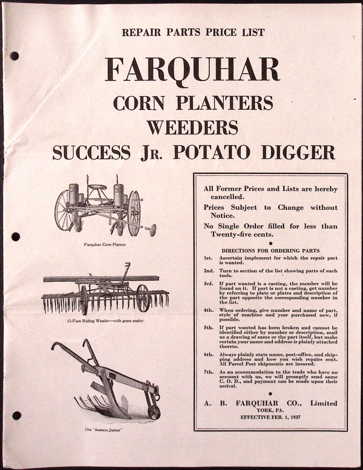 1937 Farquhar Corn Planters Weeders Success Potato Digger Brochure AB Farquhar