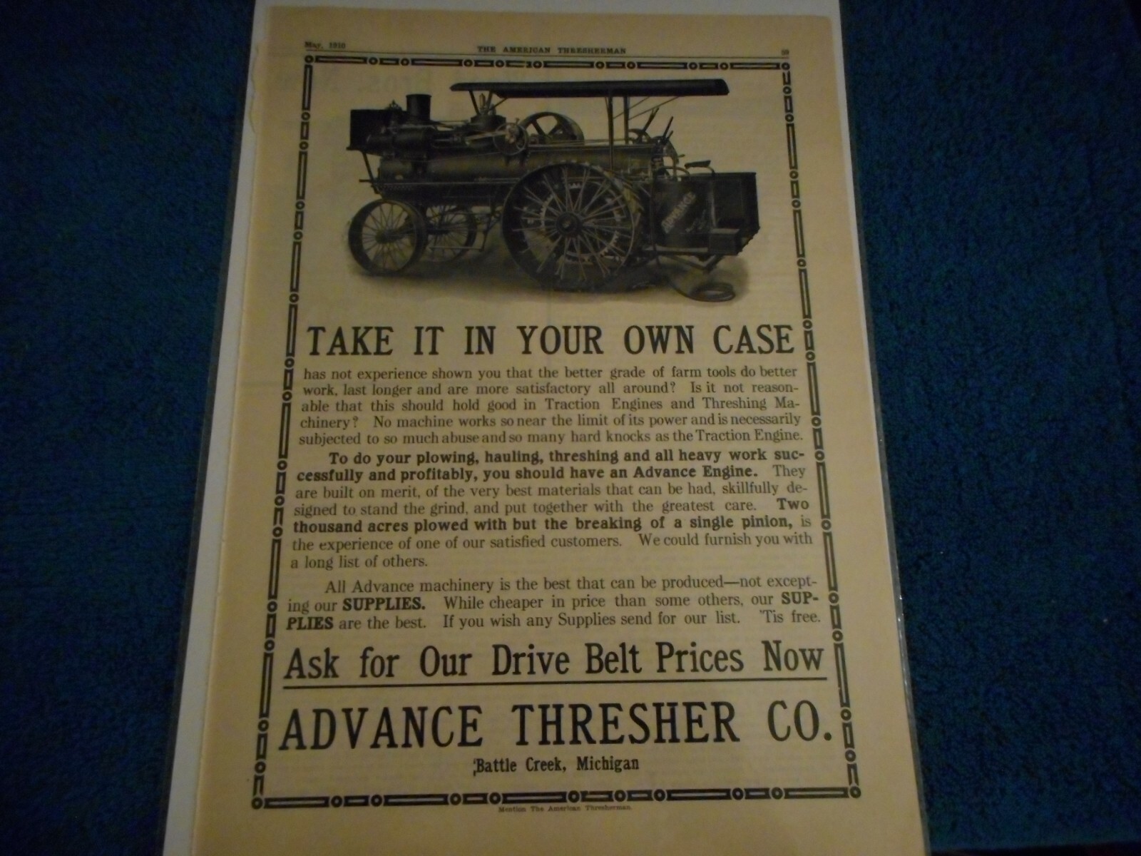 Advance Thresher Co. Battle Creek, MI 1910 Orig. Advertisement: Traction Engine