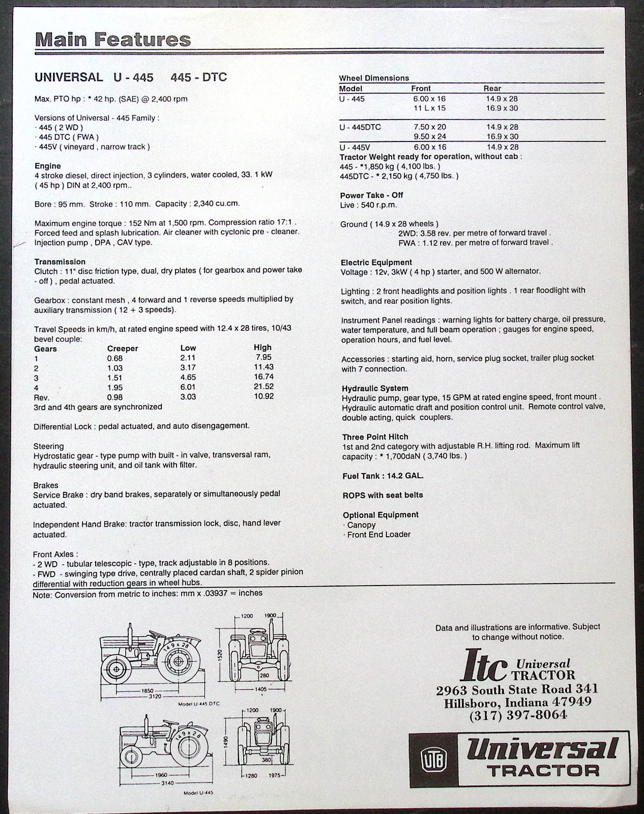 Universal Tractor U-445, 445-DTC spec sheet brochure