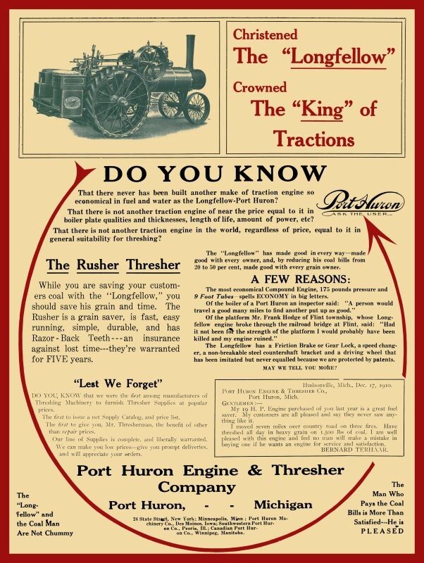 1911 Port Huron Longfellow Traction Engine NEW METAL SIGN: 12×16&Prime; Ships Free
