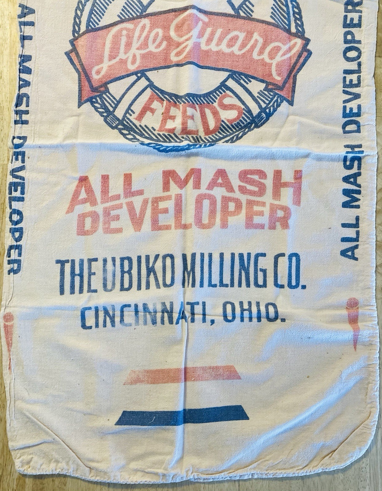 UBIKO MILLING CO. CINCINNATI, OHIO. 100LB. “LIFE GUARD” CLOTH MASH FEED BAG