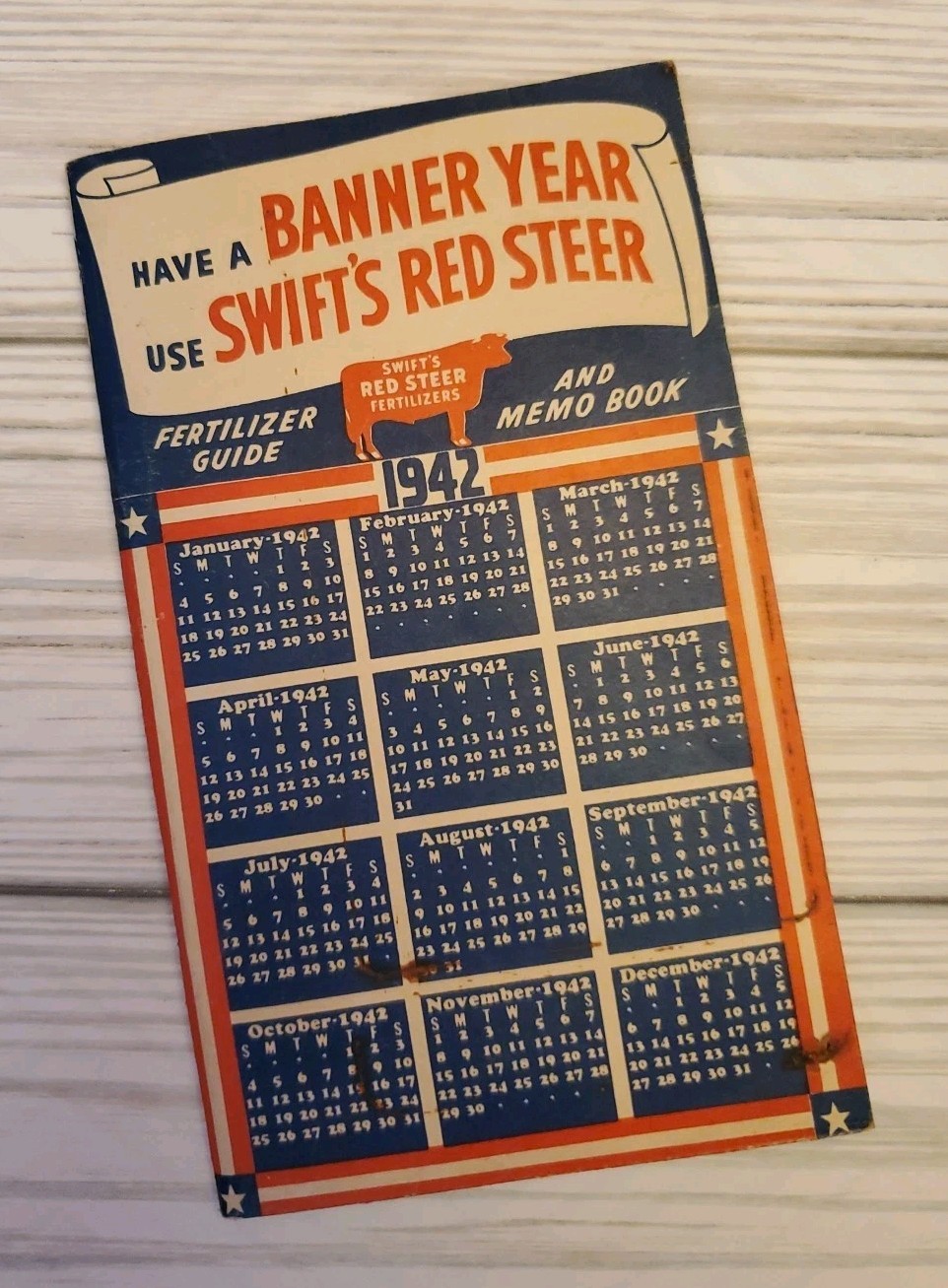 1942 Swift&rsquo;s Red Steer Fertilizers Guide & Memo Book Unused 3&Prime;x5&Prime;