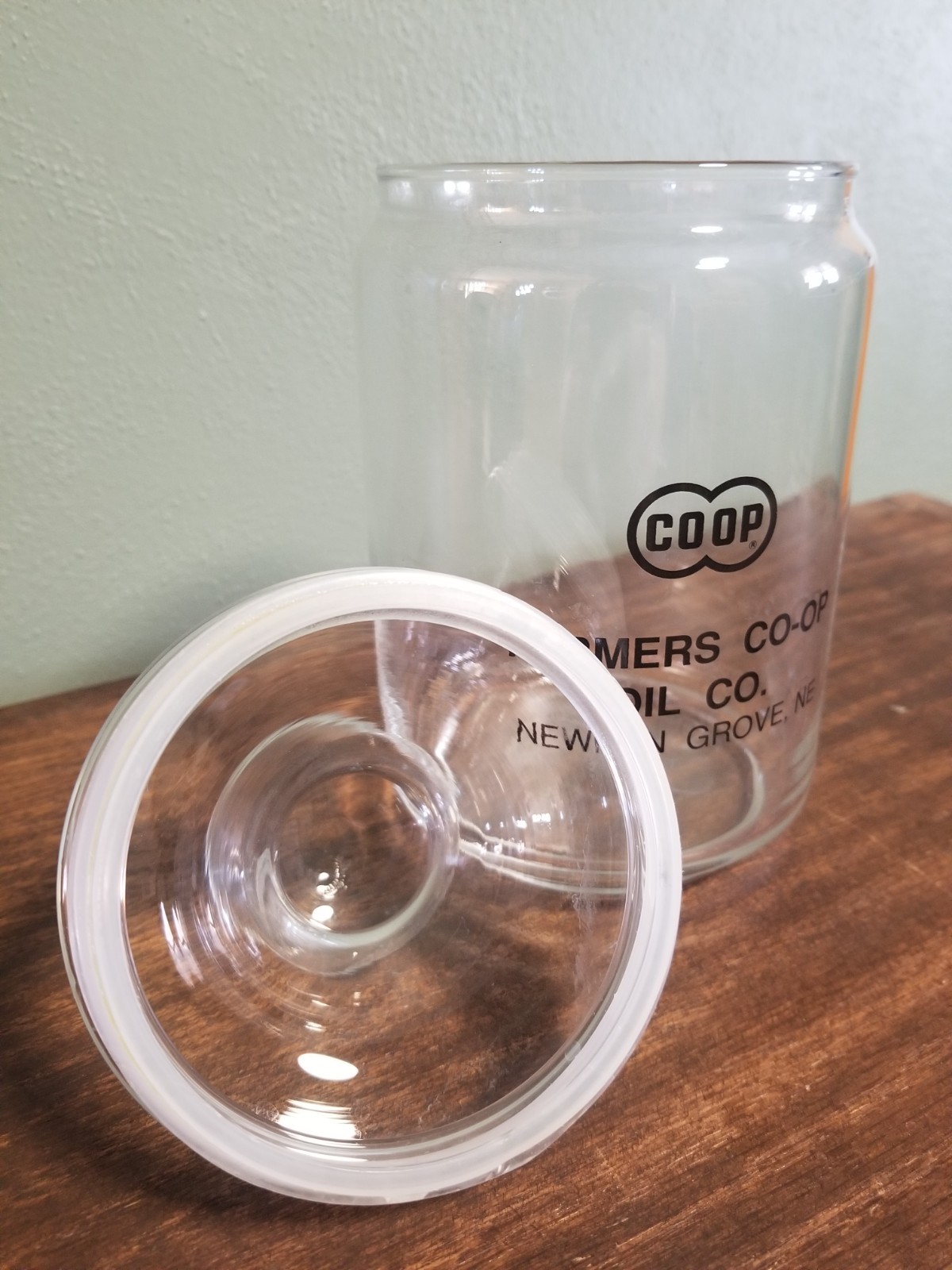 Apothecary Jar Vintage Advertising Glass with Lid Farmer&rsquo;s Co-op Oil Company