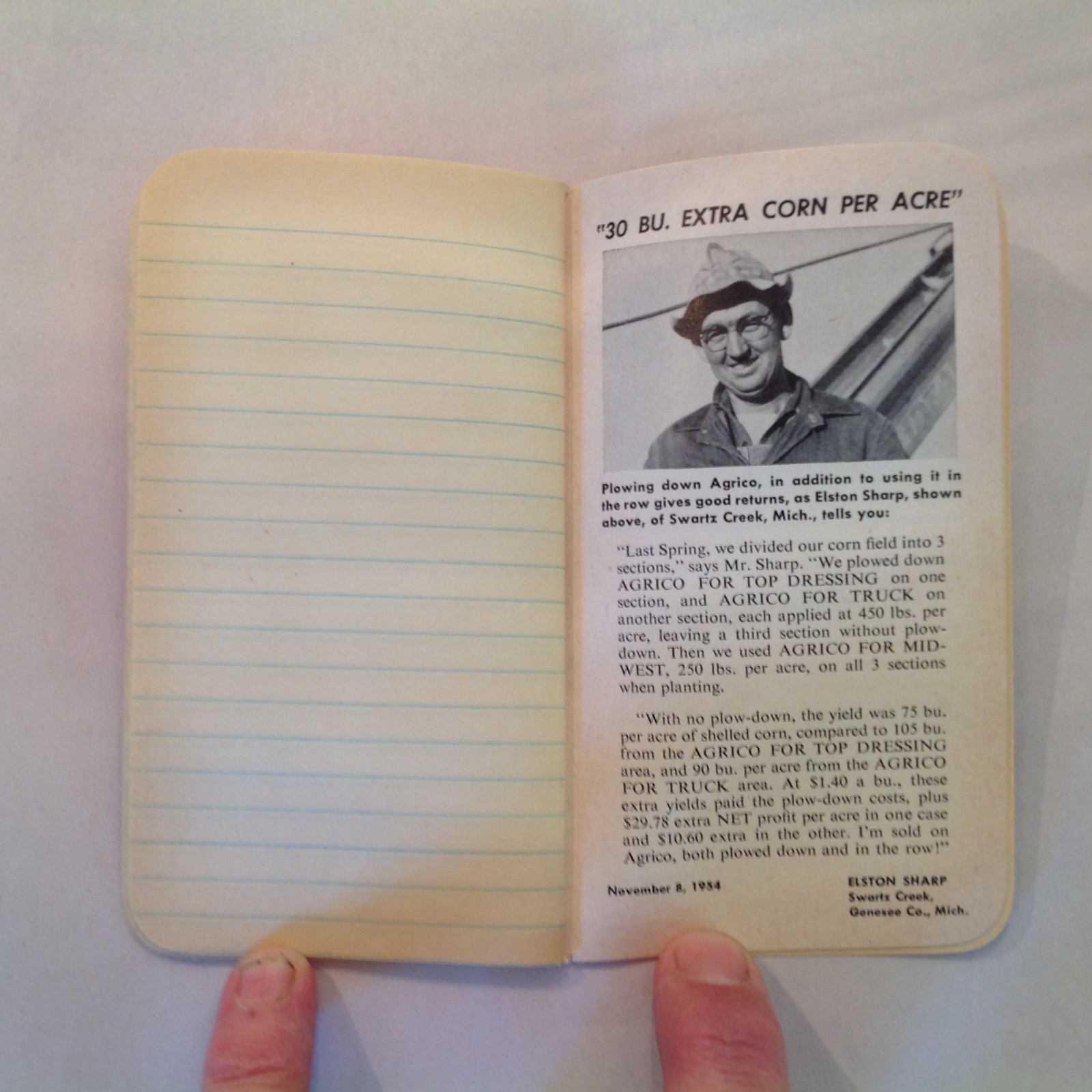 Vintage 1954 Agrico Fertilizer Memo Book Advert Michigan Farmer Testimonials MI