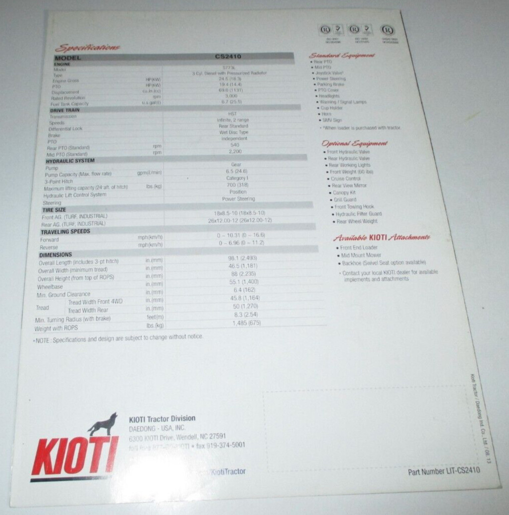 Kioti CS Series CS2410 Sub Compact Tractor Sales Brochure Literature OEM 8/13