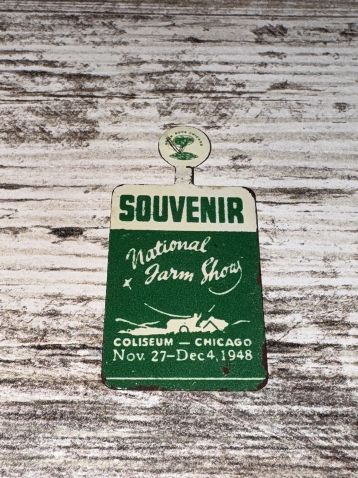 Vintage National Farm Show 1948 Coliseum Chicago IL Foldback Souvenir Pin Badge