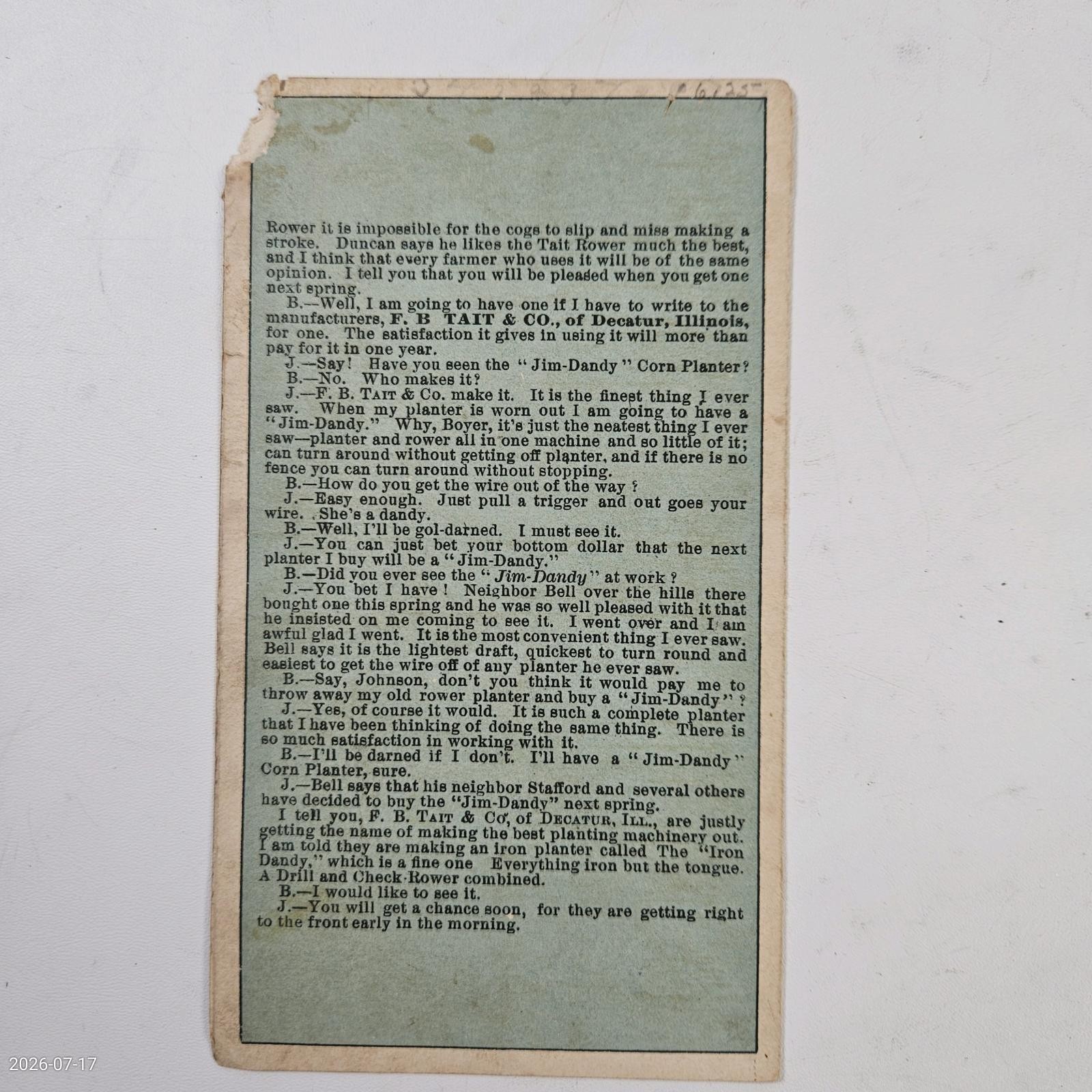 Vtg Victorian Trade Card Tait Wire Check Rower Agricultural Rob T Craig 5.5&Prime;
