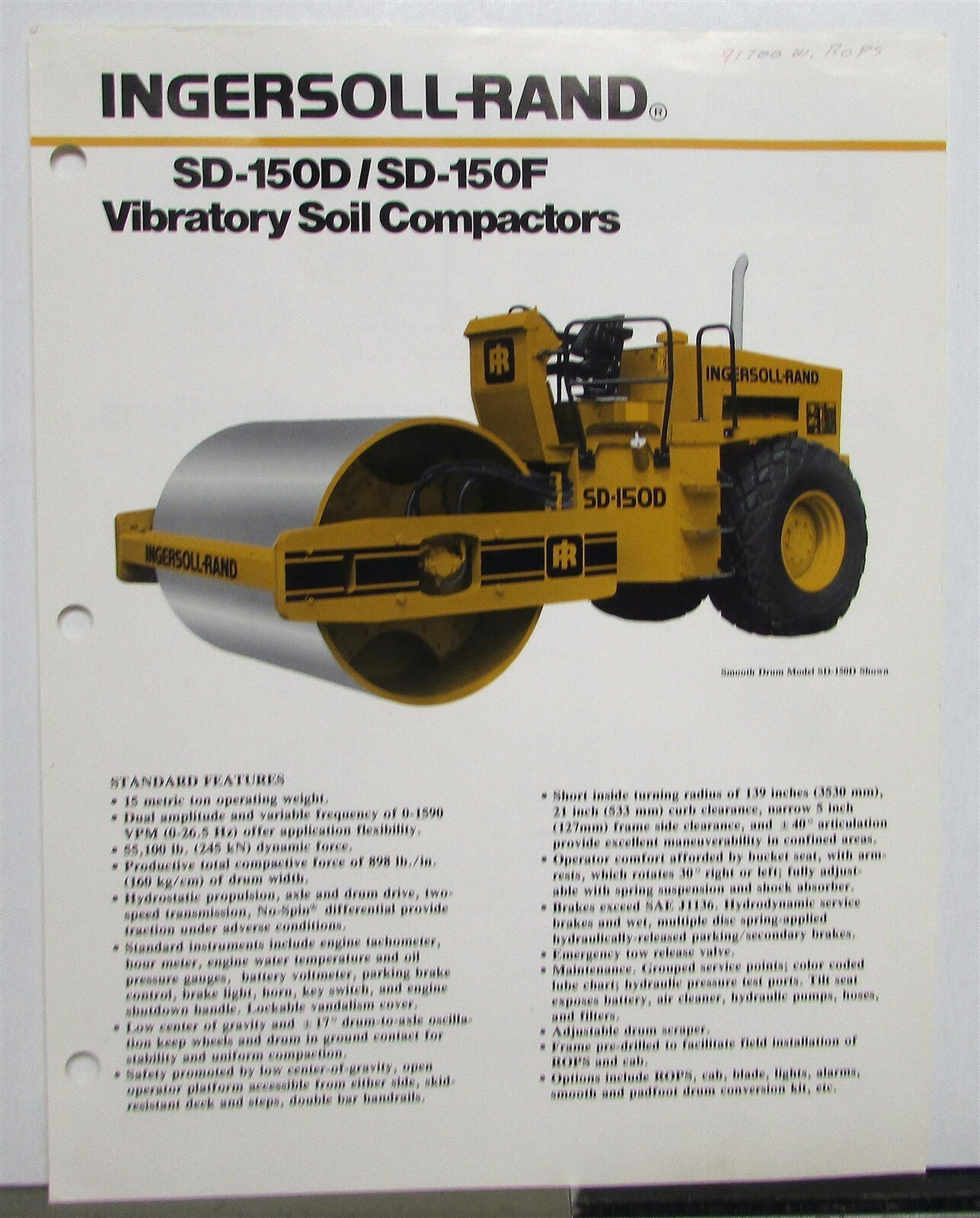 1986 Ingersoll Rand SD 150D/150F Soil Compactors Specs Construction Brochure