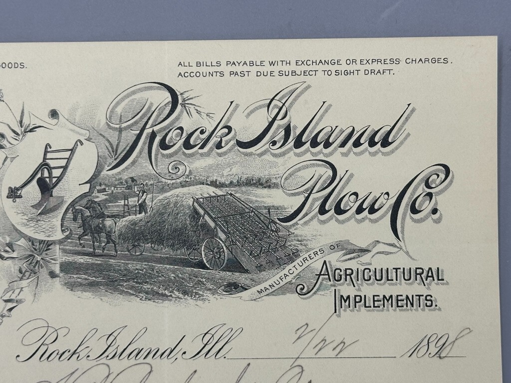 1898 ROCK ISLAND PLOW Billhead FARM Advertising Illinois