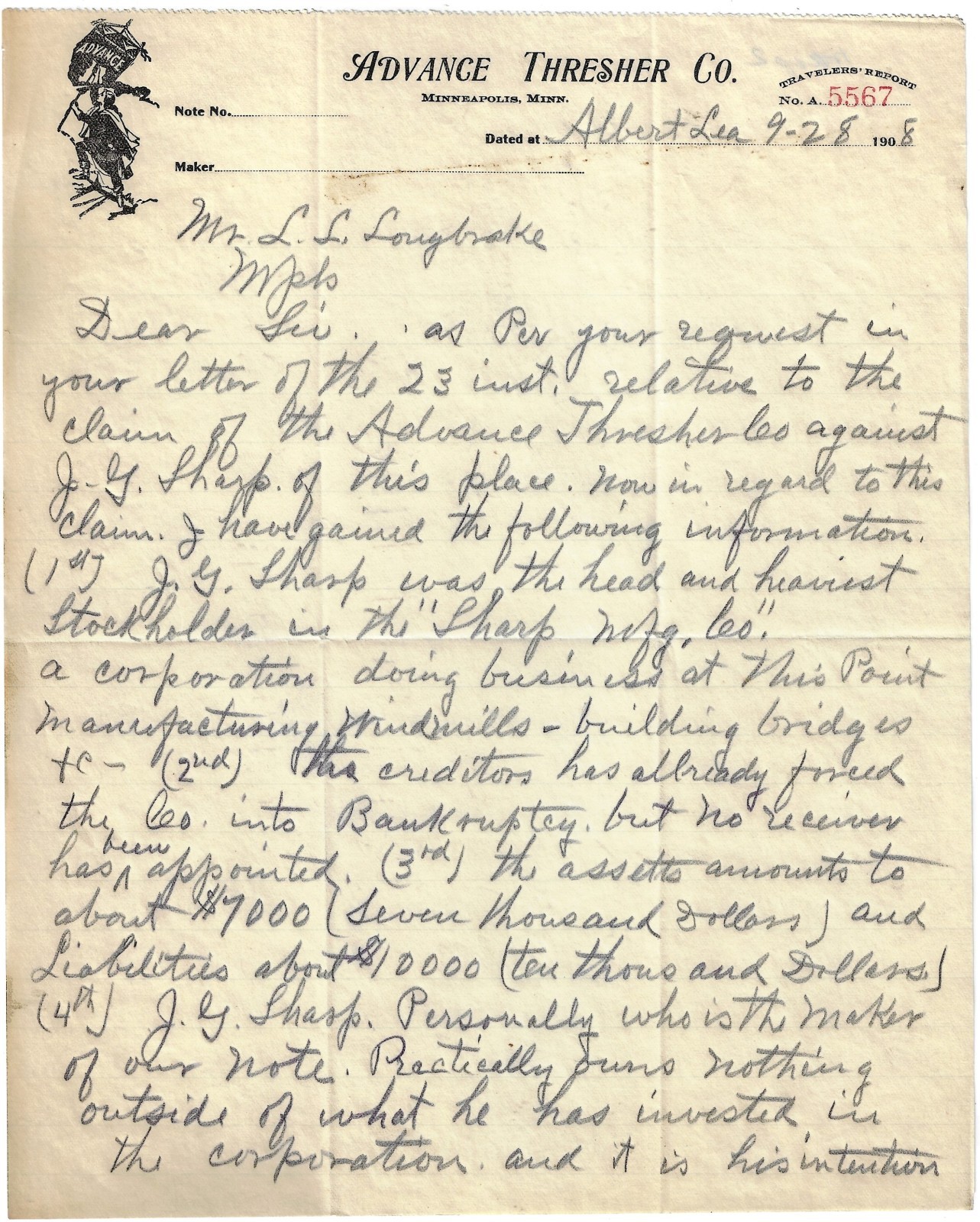 Advance Thresher Company Letter – Company Claim Against Creditor – 1908