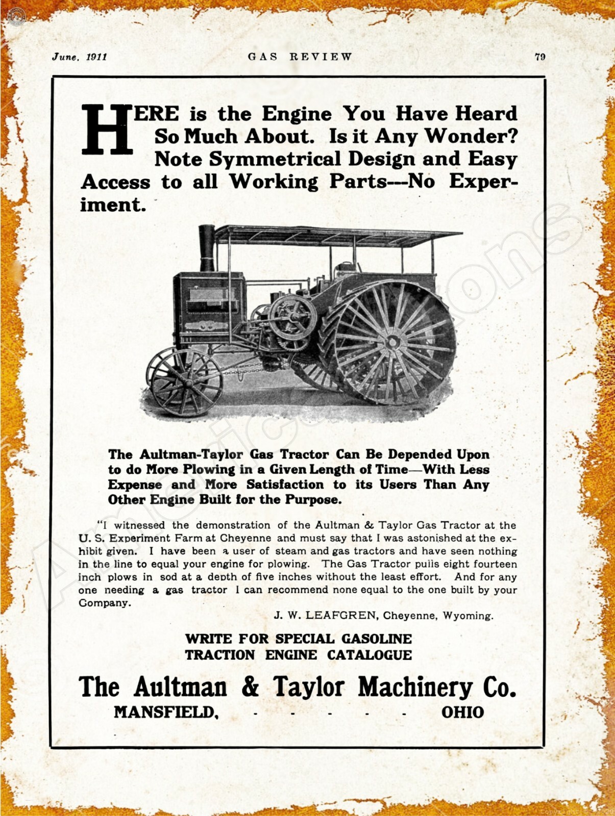 1911 Aultman & Taylor Gas Tractor New Metal Sign: Mansfield, Ohio