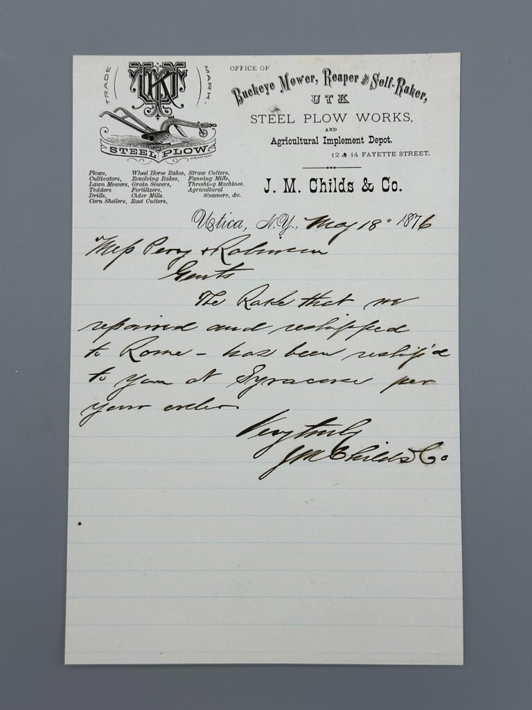 1876 Childs BUCKEYE MOWER Steel PLOW Farm Advertise UTICA NY Letter Antique UTK