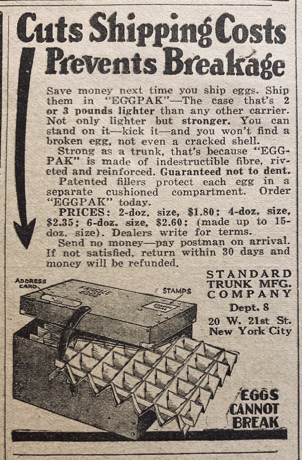 1931 AD.(XH58)~STANDARD TRUNK MFG. CO. NYC. “EGGPAK” EGG SHIPPING BOXES