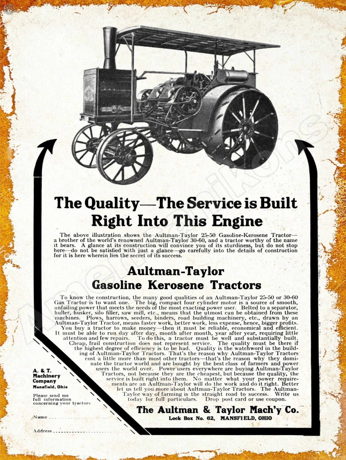 1914 Aultman-Taylor 25-50 Gas Tractor New Metal Sign: Mansfield, Ohio