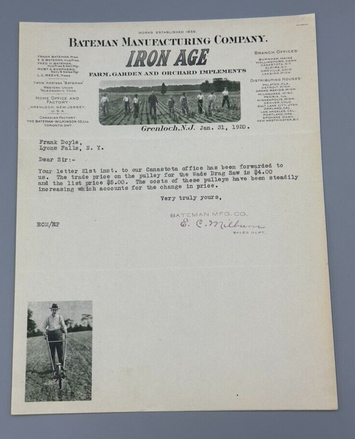 1920 BATEMAN Mfg IRON AGE Orchard Garden FARM Advertising Letter GRENLOCH NJ