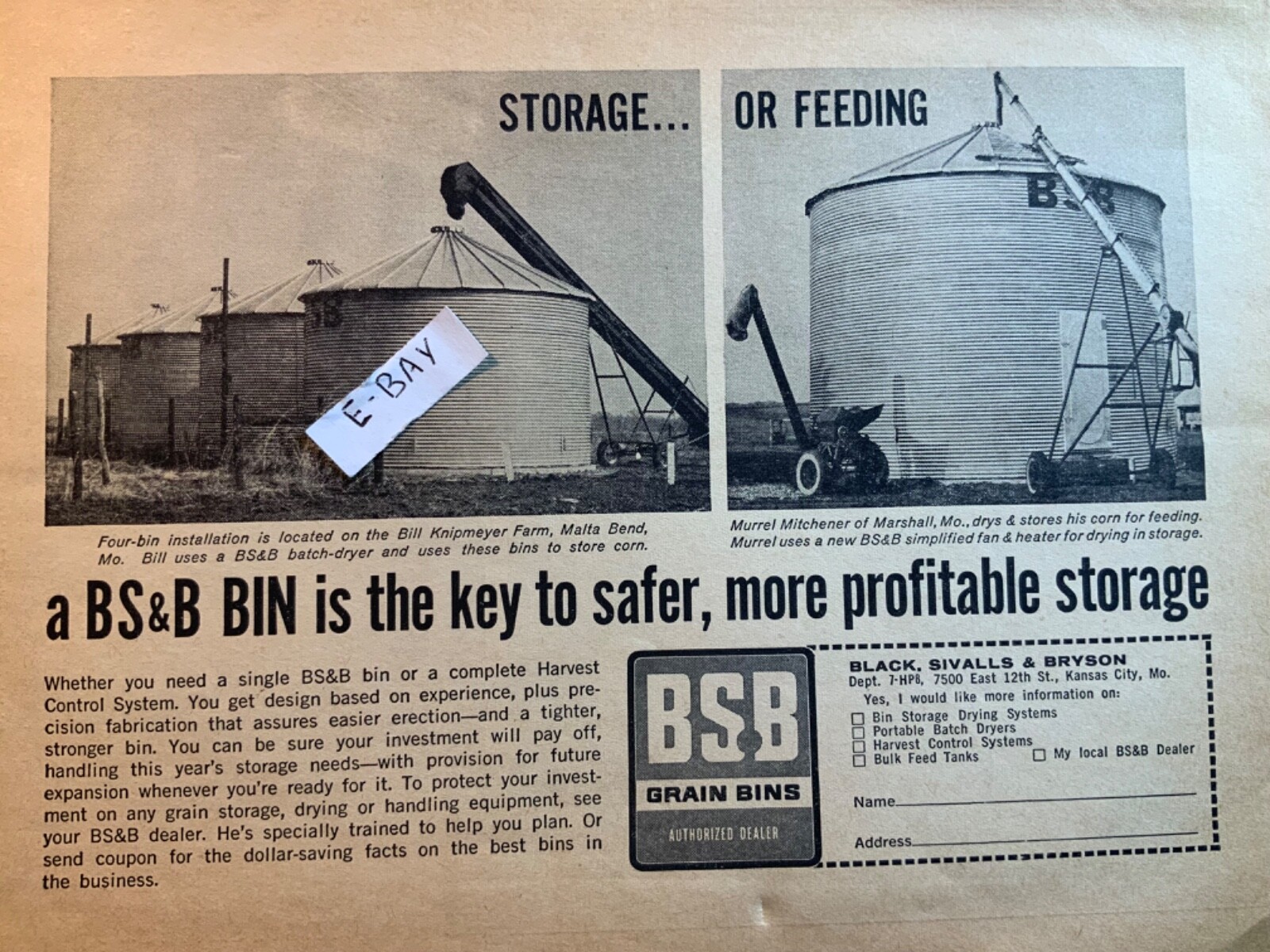 1962 Print Ad. Black, Silvalls & Bryson, Kansas City, Kansas. BS&B Grain Bins
