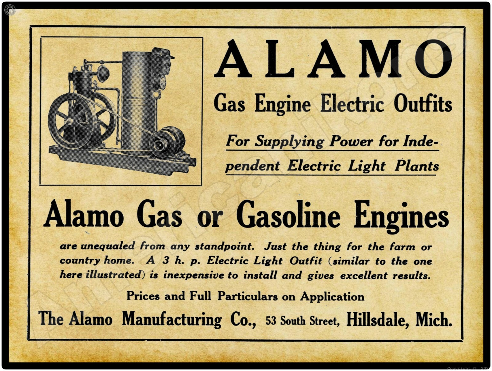 1910 Alamo Gas Engine Electric Outfits New Metal Sign: Large Size – 12 x 16