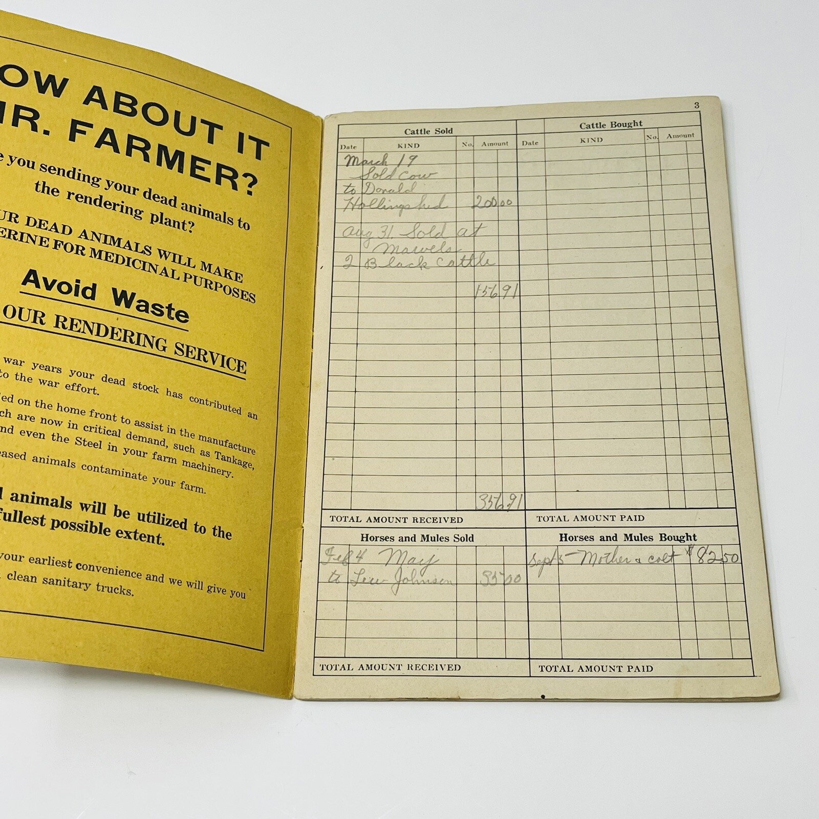 1944 1945 Practical Farm Record Book Jewell Rendering Iowa Falls IA Filled Out
