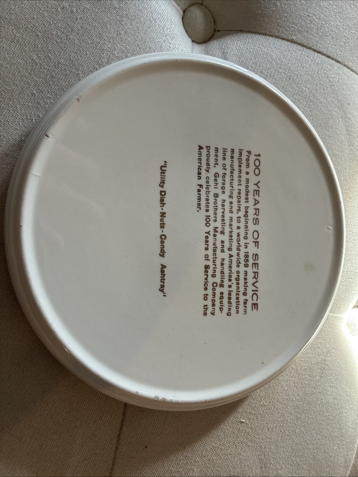 Vintage Gehl Farm Machinery Advertising Ceramic Ashtray Dish 100 Years Of Servic