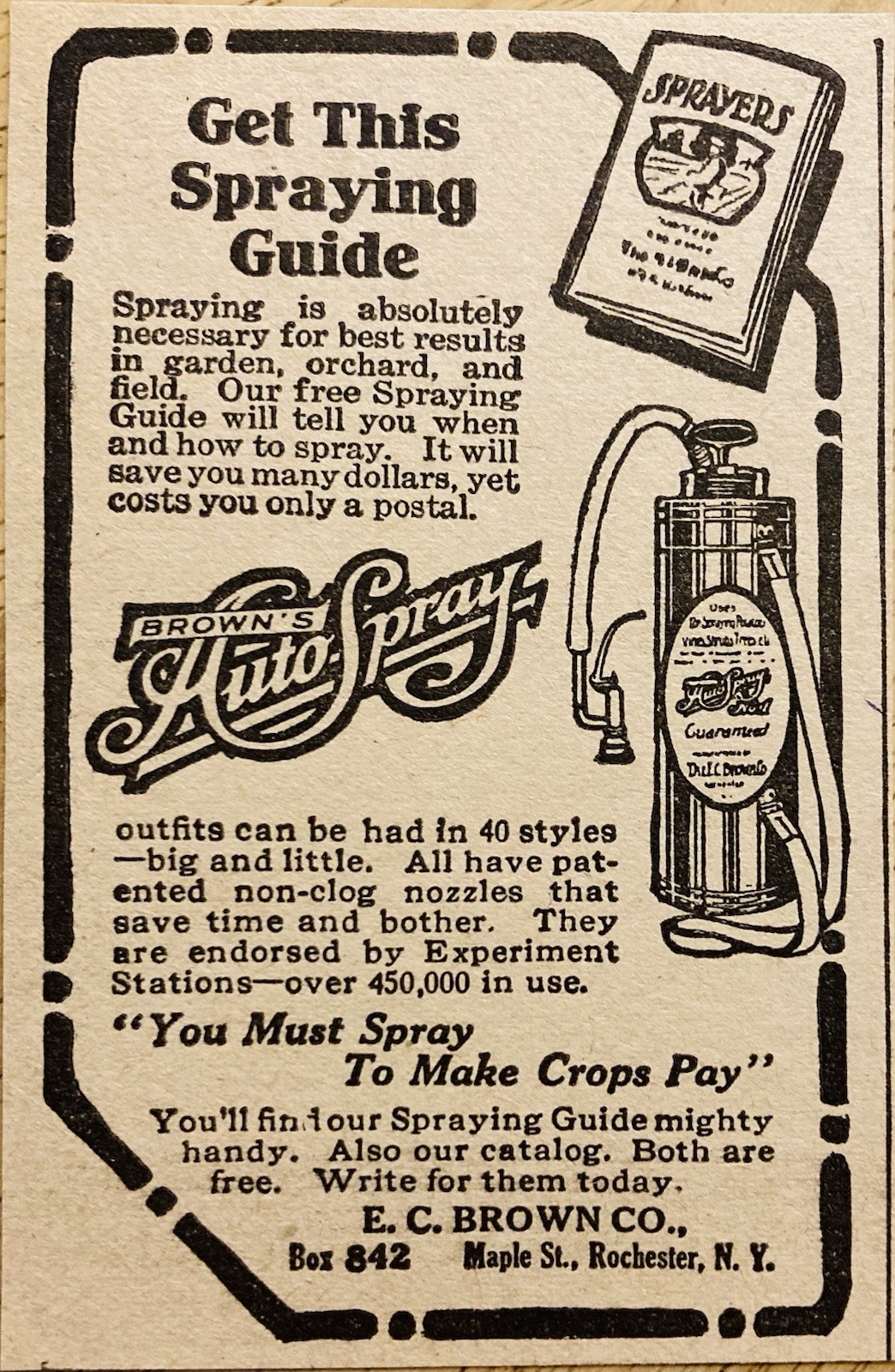 1918 AD.(XH85)~E.C. BROWN CO. MAPLE ST. ROCHESTER, NY. ORCHARD SPRAYERS