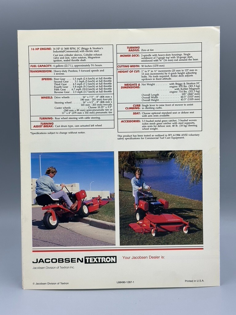 Vintage JACOBSEN Commercial Lawn TRACTOR MOWER CR50 DW220 Advertising Brochure