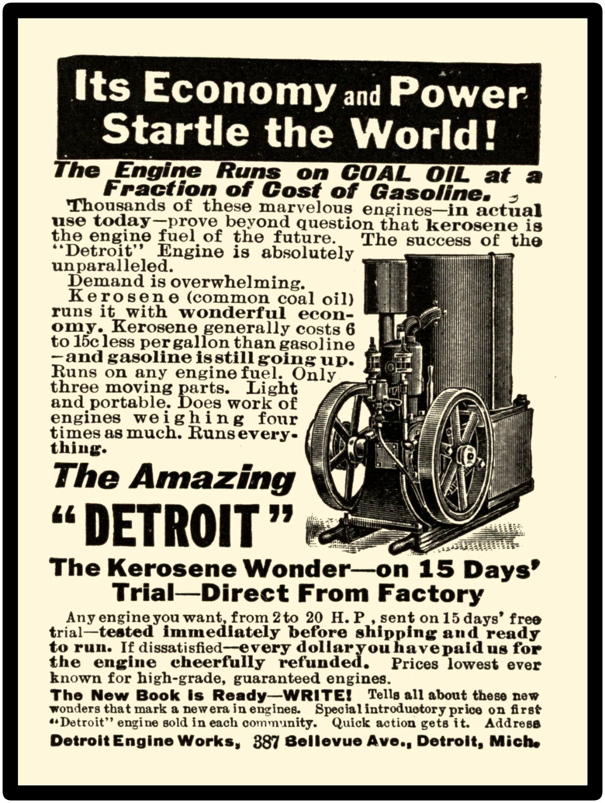 Detroit Engine Works New Metal Sign: Kerosene Engine, 2-20 Horsepower Pictured