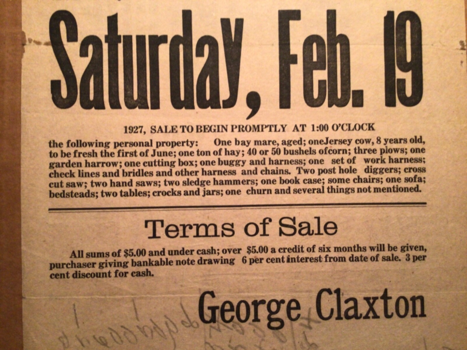 Vtg. Sale Bill Public Auction 1927 Paoli IN George Claxton Farm Stock, Machinery