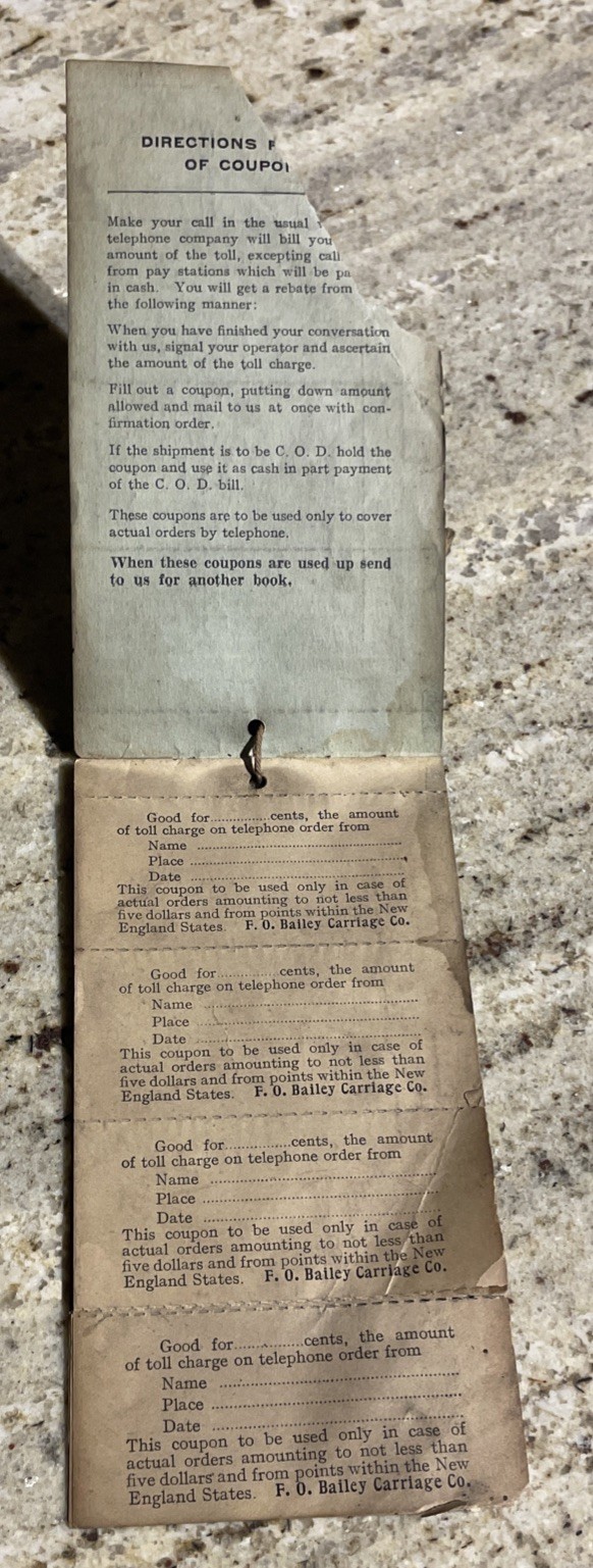 Circa 1900 F.O. BAILEY CARRIAGE CO., “We Pay Telephone” Coupon Booklet – Sleighs
