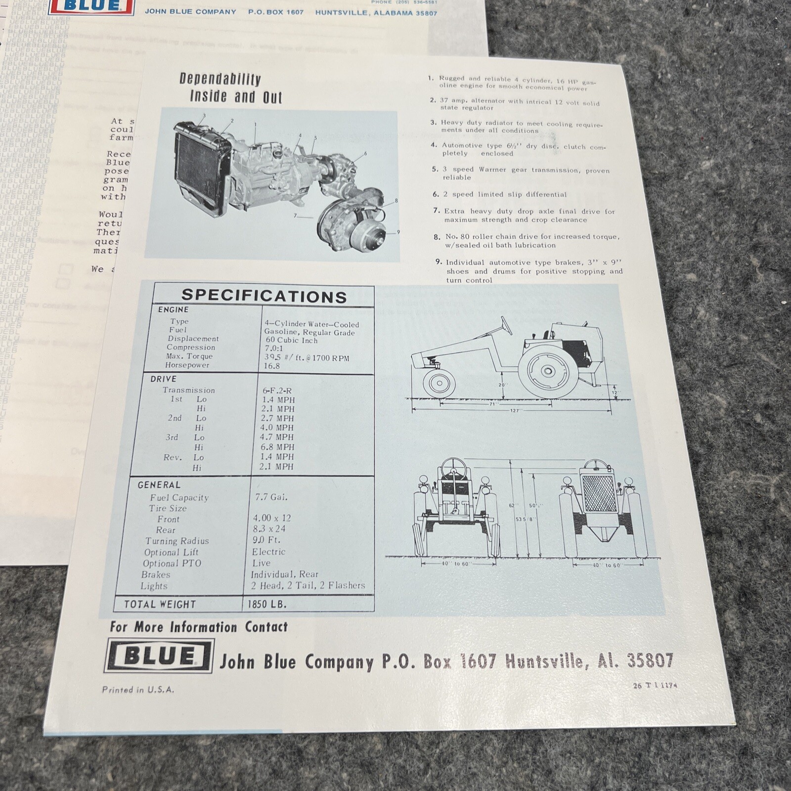 1975-76 John Blue Company G1000 Tractor Sales Brochure – EUC w/ Envelope, Letter