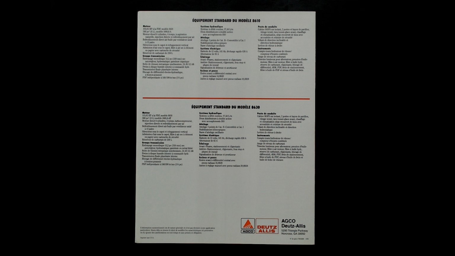 Deutz Allis Agriculture Brochure Série 8600 Tractor Specs Catalog