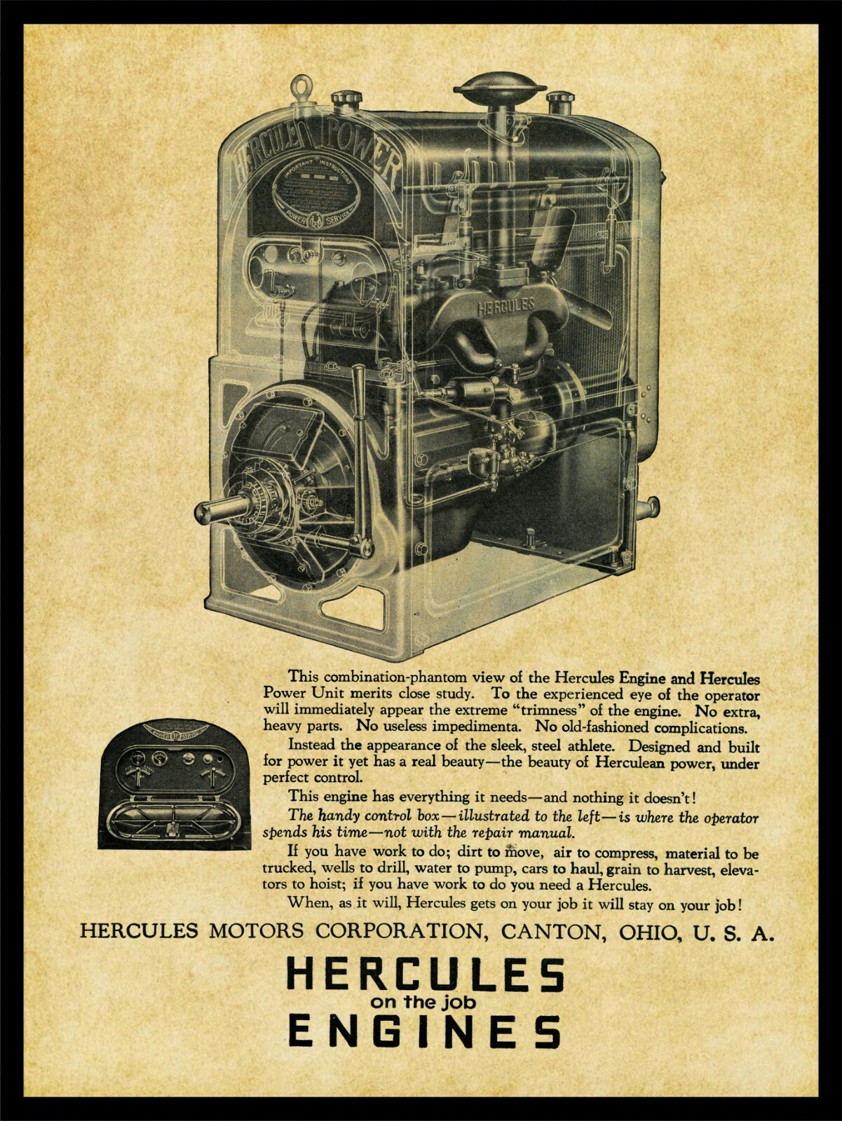 1926 Hercules Motor Co. NEW Metal Sign: Phantom View of Hercules Power Unit