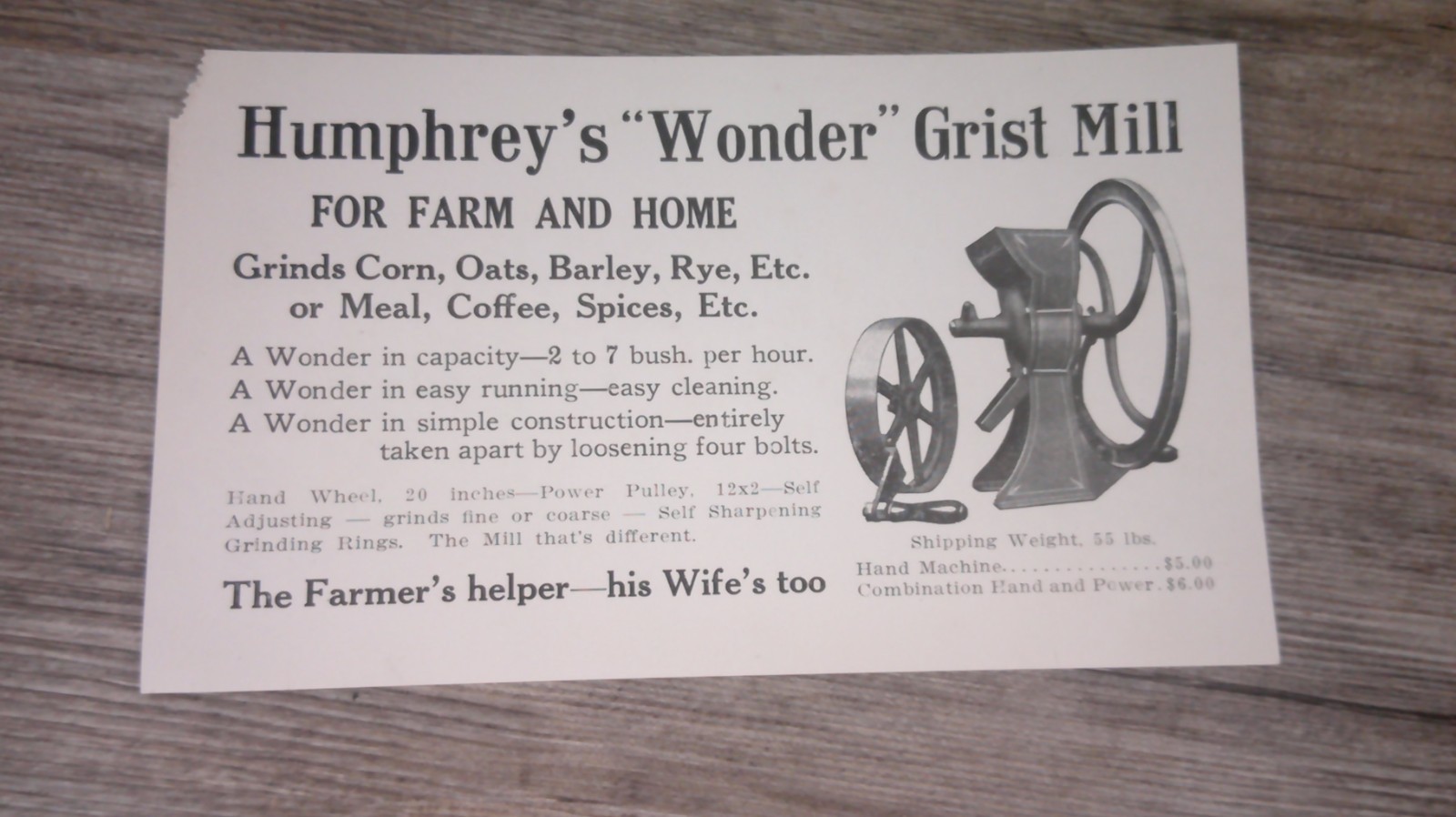 advertising paper for Humphrey&rsquo;s grist mill for farm and home pictured 11B