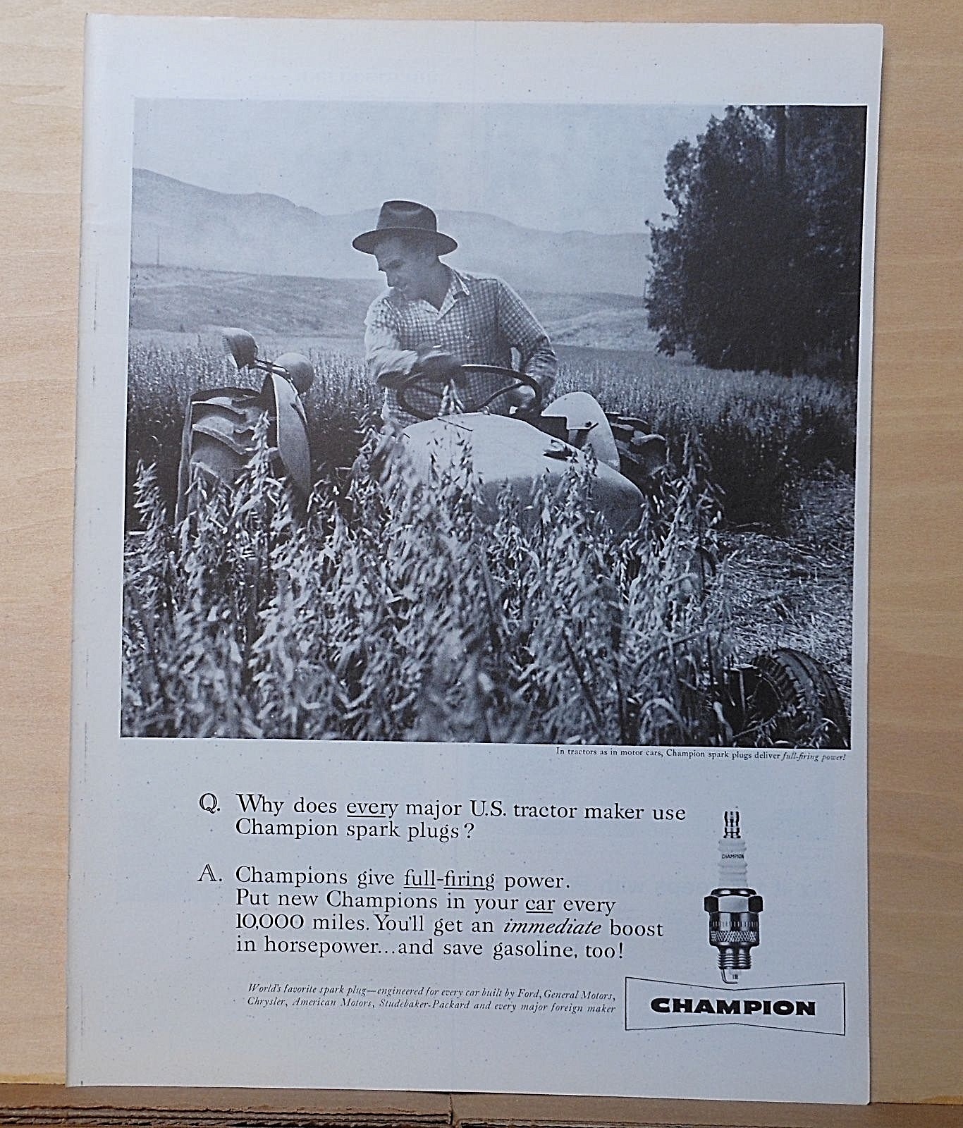 1958 magazine ad for Champion Spark Plugs – Used by Every major Tractor maker