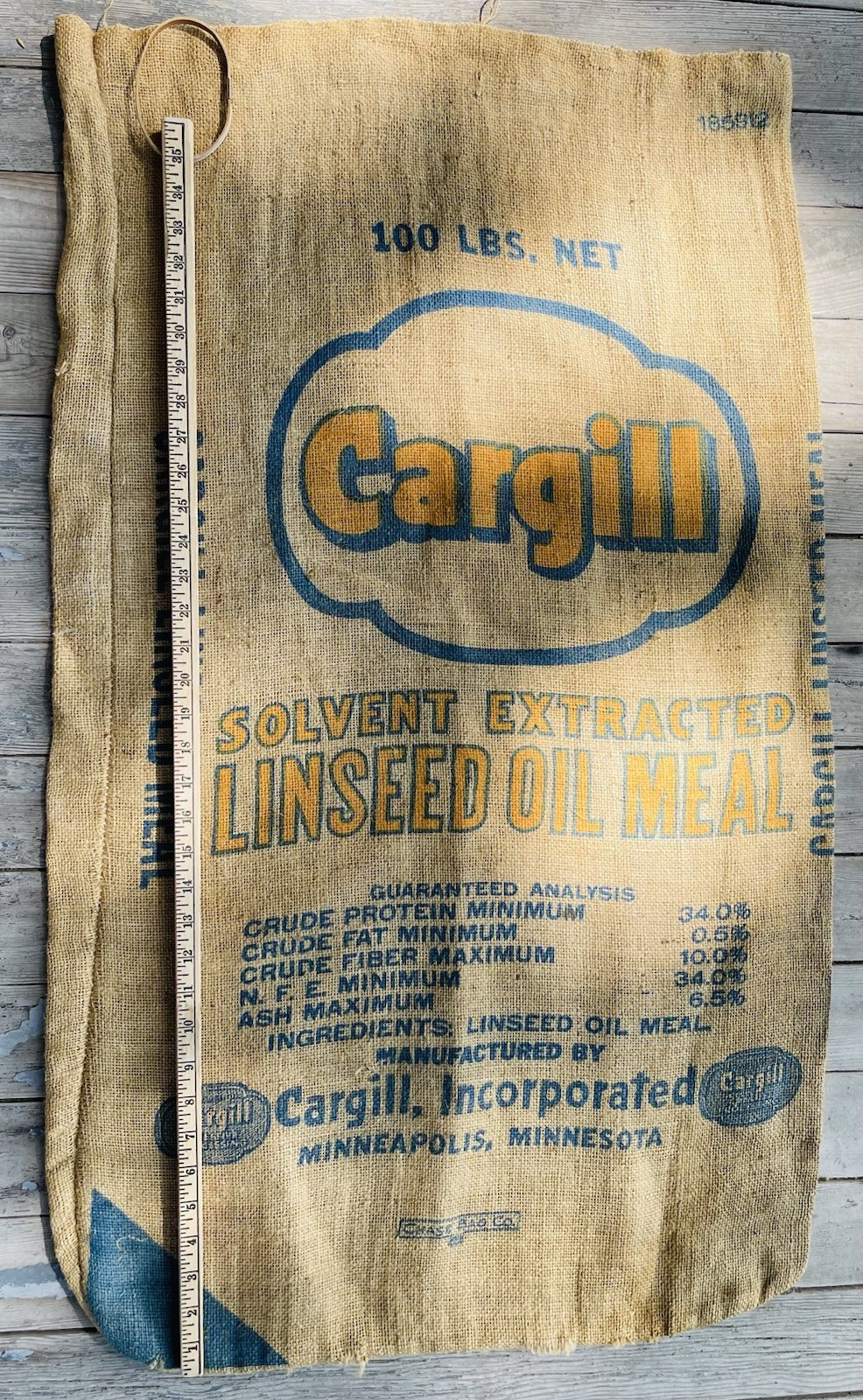 VTG BURLAP BAG CARGILL INC. LINSEED OIL MEAL SOLVENT EXTRACTED 100 LBS MINNESOTA