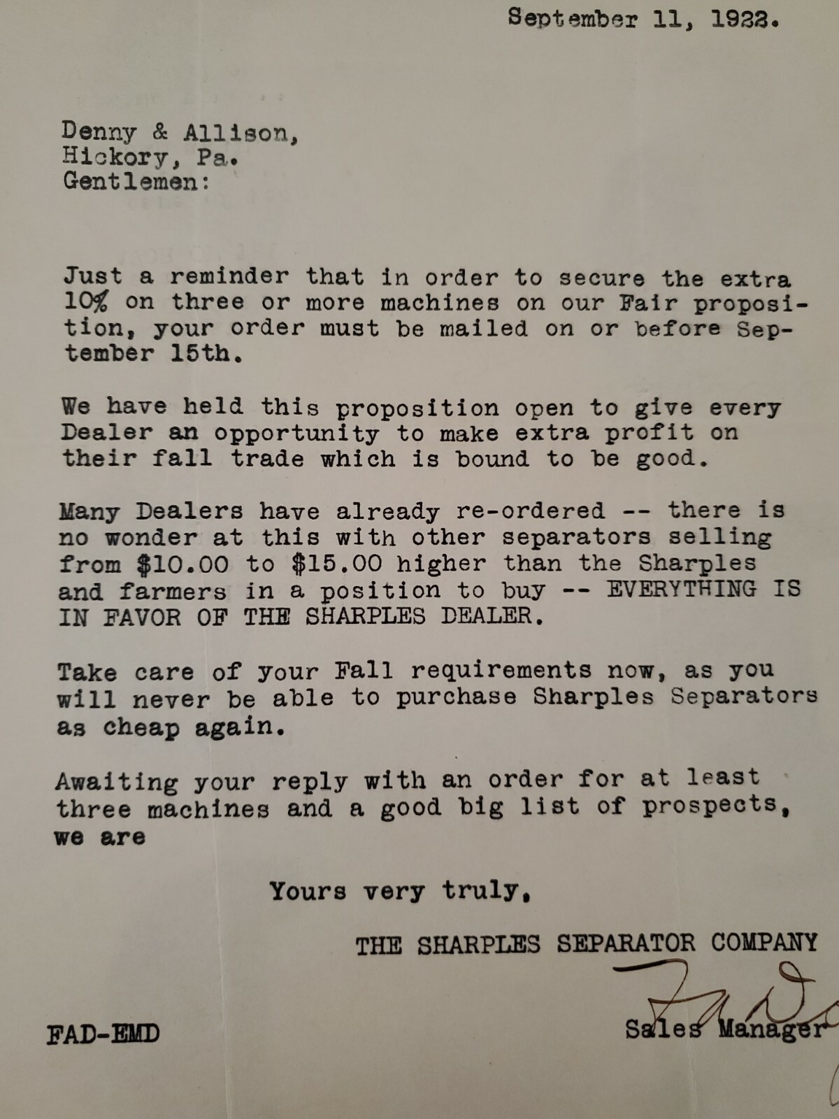 Vintage 1922 Sharples Milk Skimmer Separator for Farmers Company Sales Letter